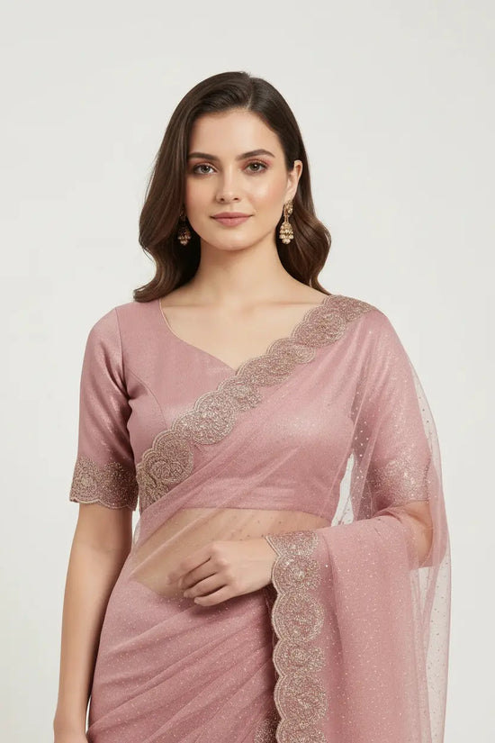 Off White Mauve Handcrafted Tissue Embroidery Saree - Rangoli India
