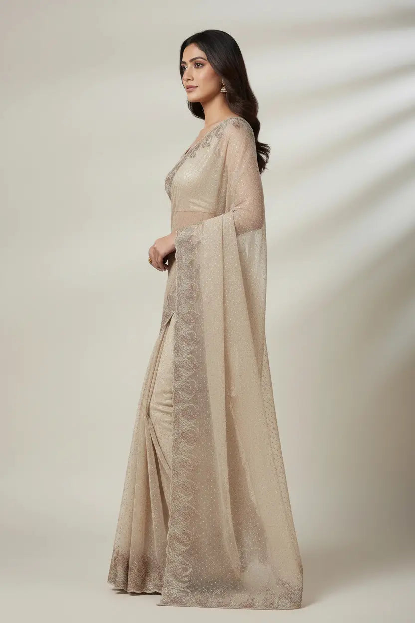 Woman wearing a beige saree with a plain background