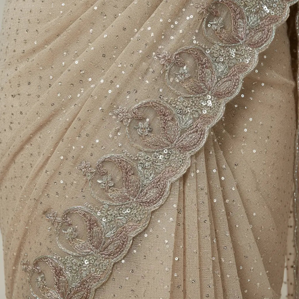 Close-up of beige fabric with intricate beadwork and embroidery
