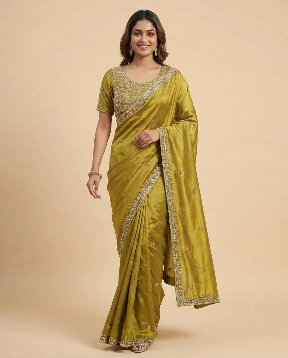 Silk Katan Embroidered Saree - Rangoli India
