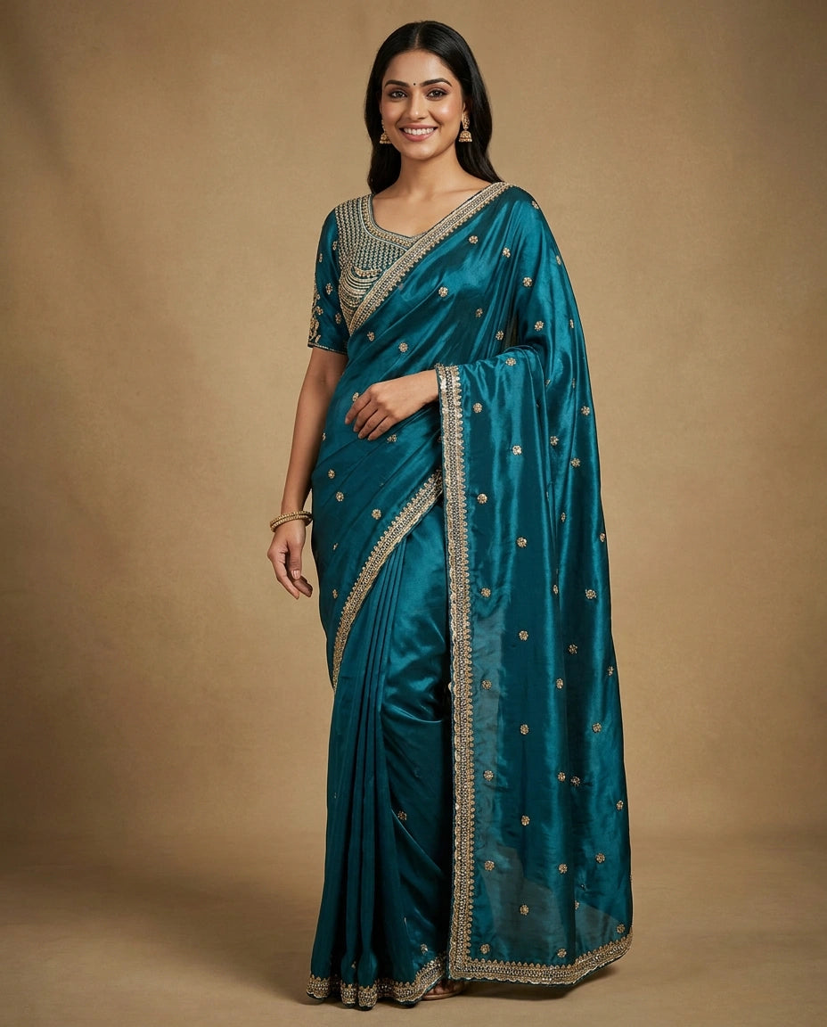 Silk Katan Embroidered Saree - Rangoli India