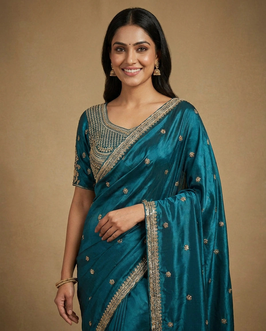 Silk Katan Embroidered Saree - Rangoli India