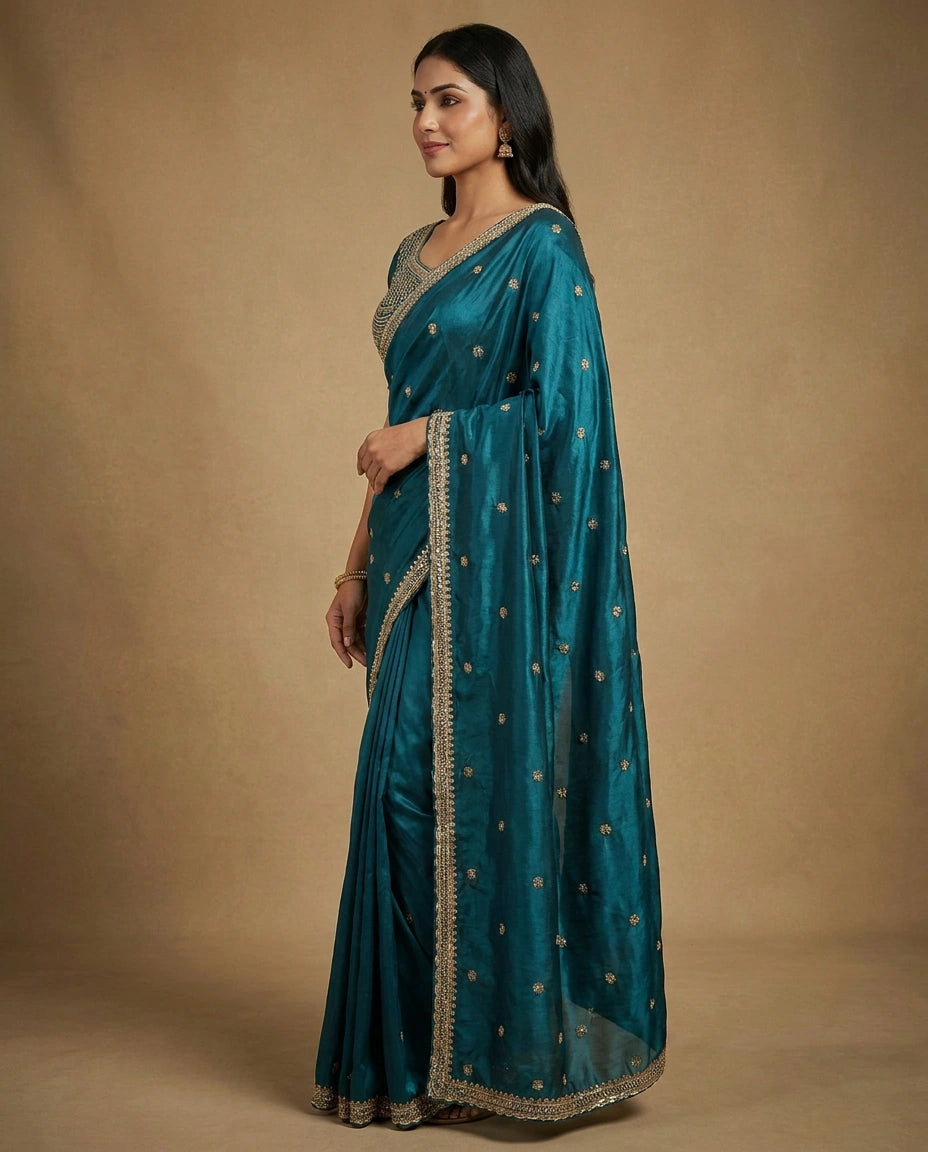 Silk Katan Embroidered Saree - Rangoli India