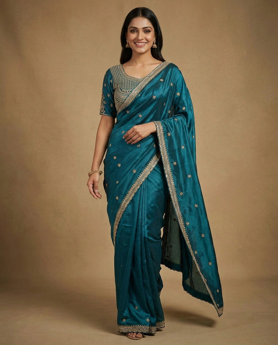 Silk Katan Embroidered Saree - Rangoli India