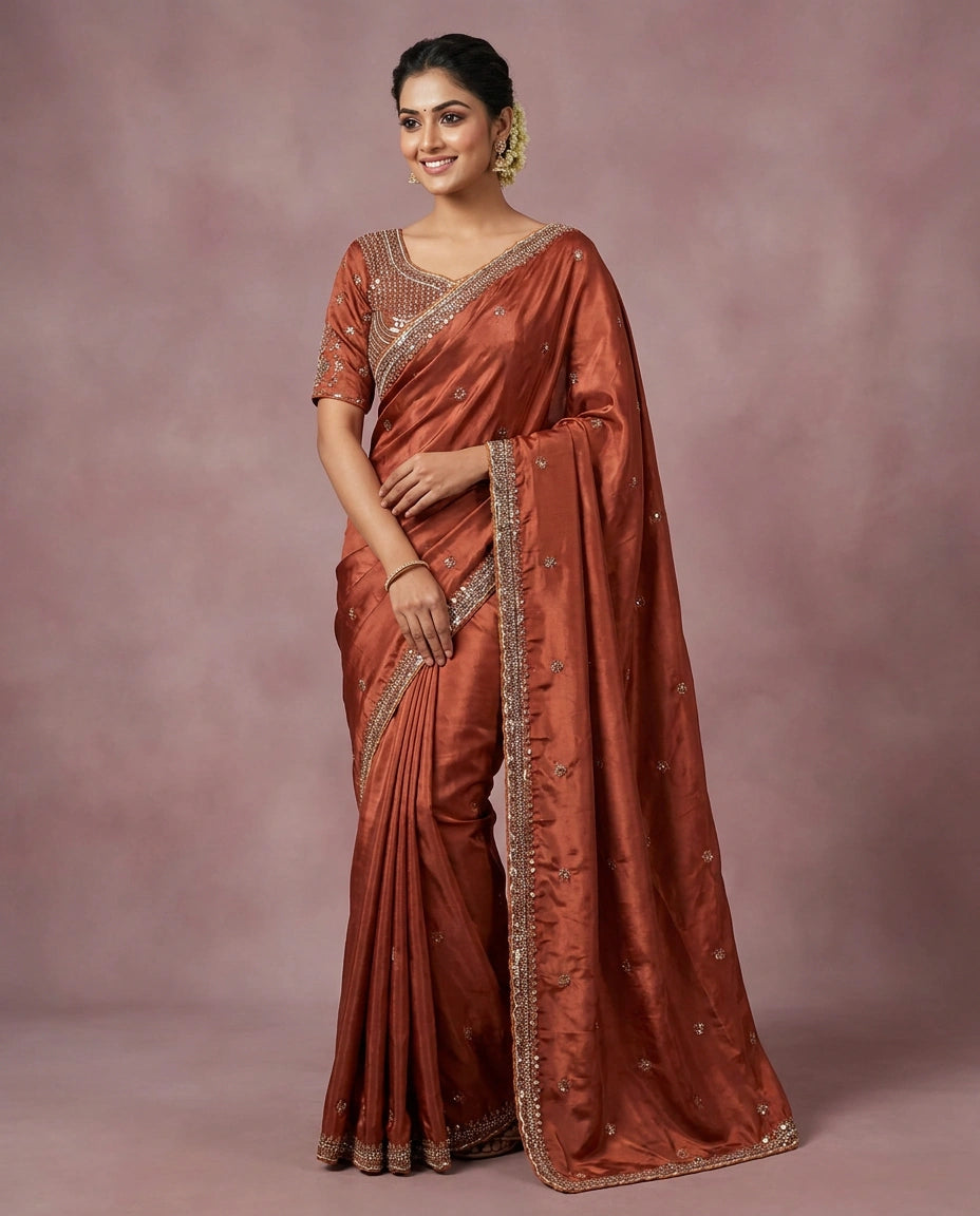Silk Katan Embroidered Saree - Rangoli India