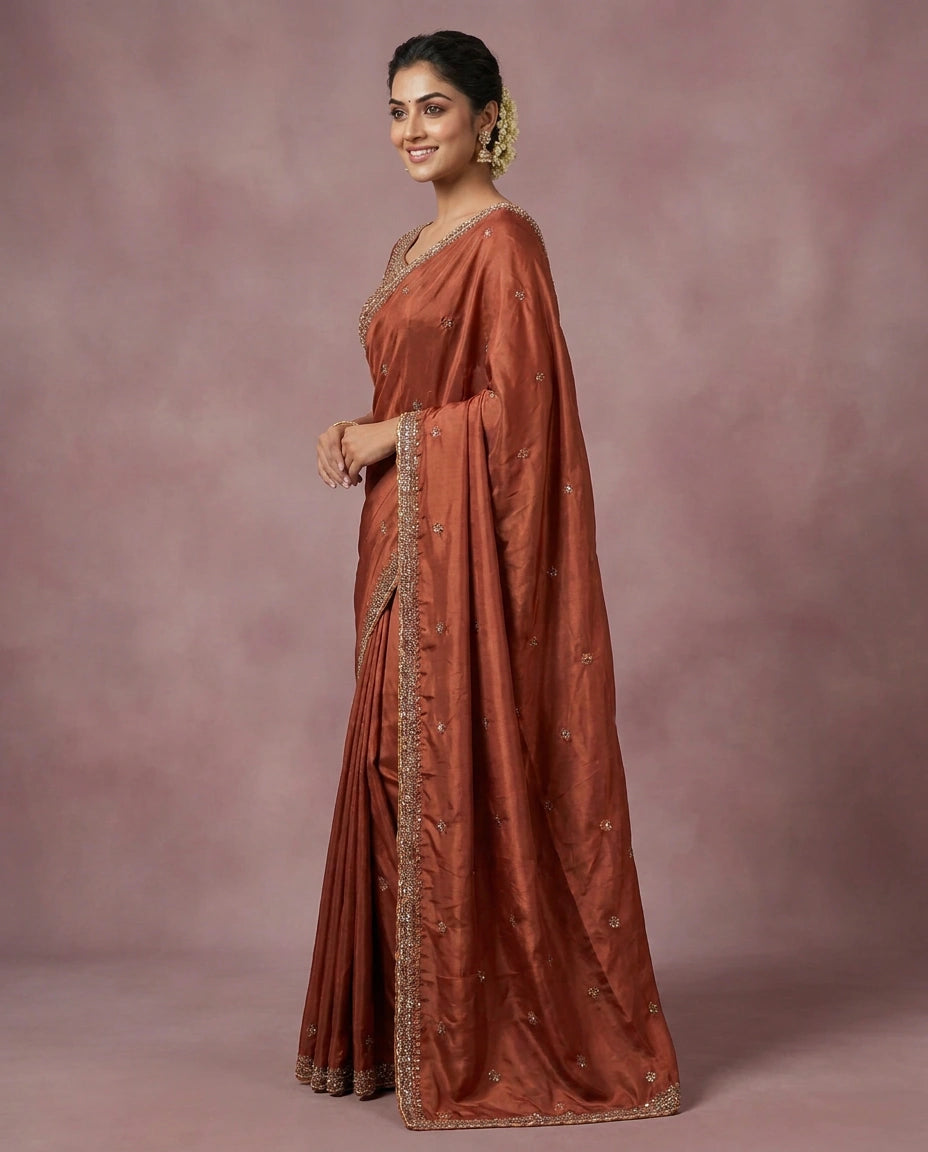 Silk Katan Embroidered Saree - Rangoli India
