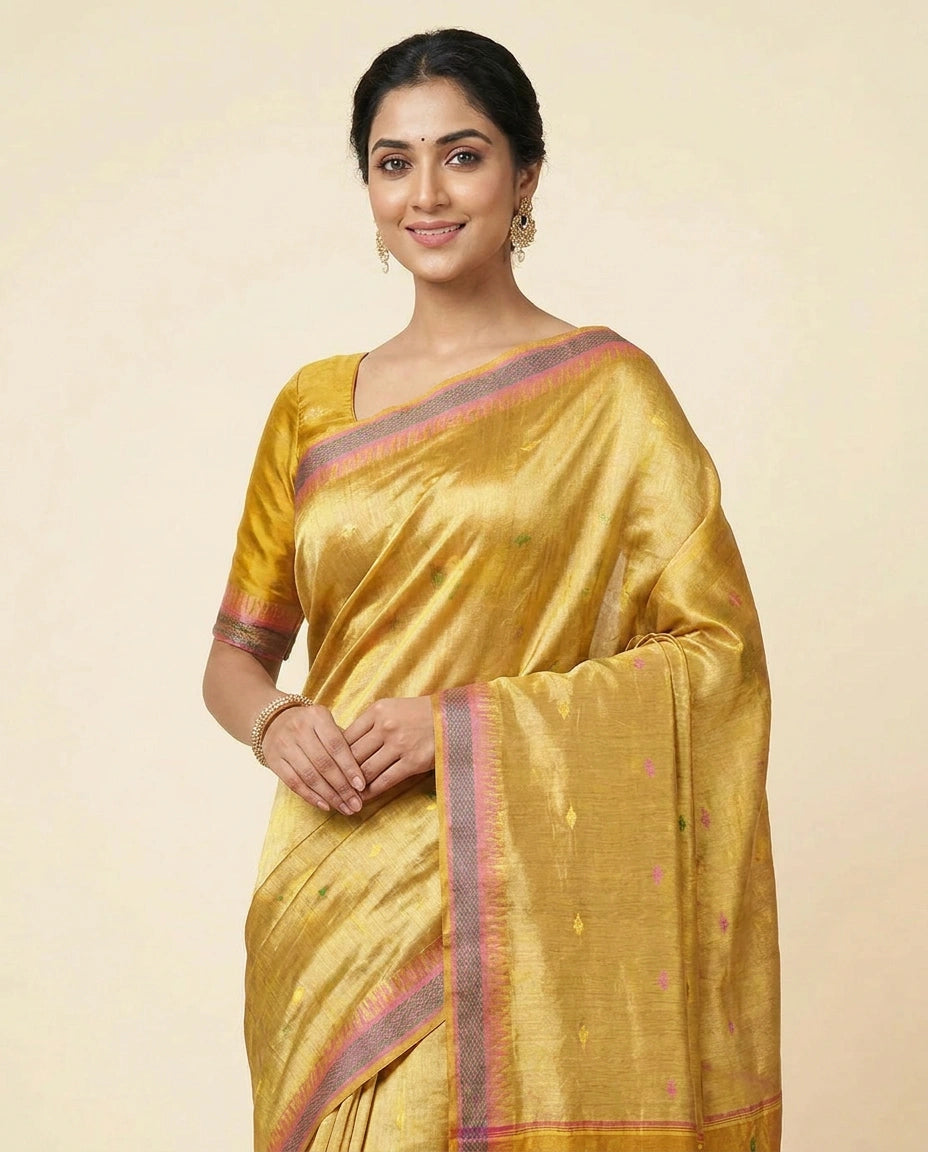 Geometric Handloom Tussar Silk Chapa Weave Saree with Woven Motifs - Rangoli India