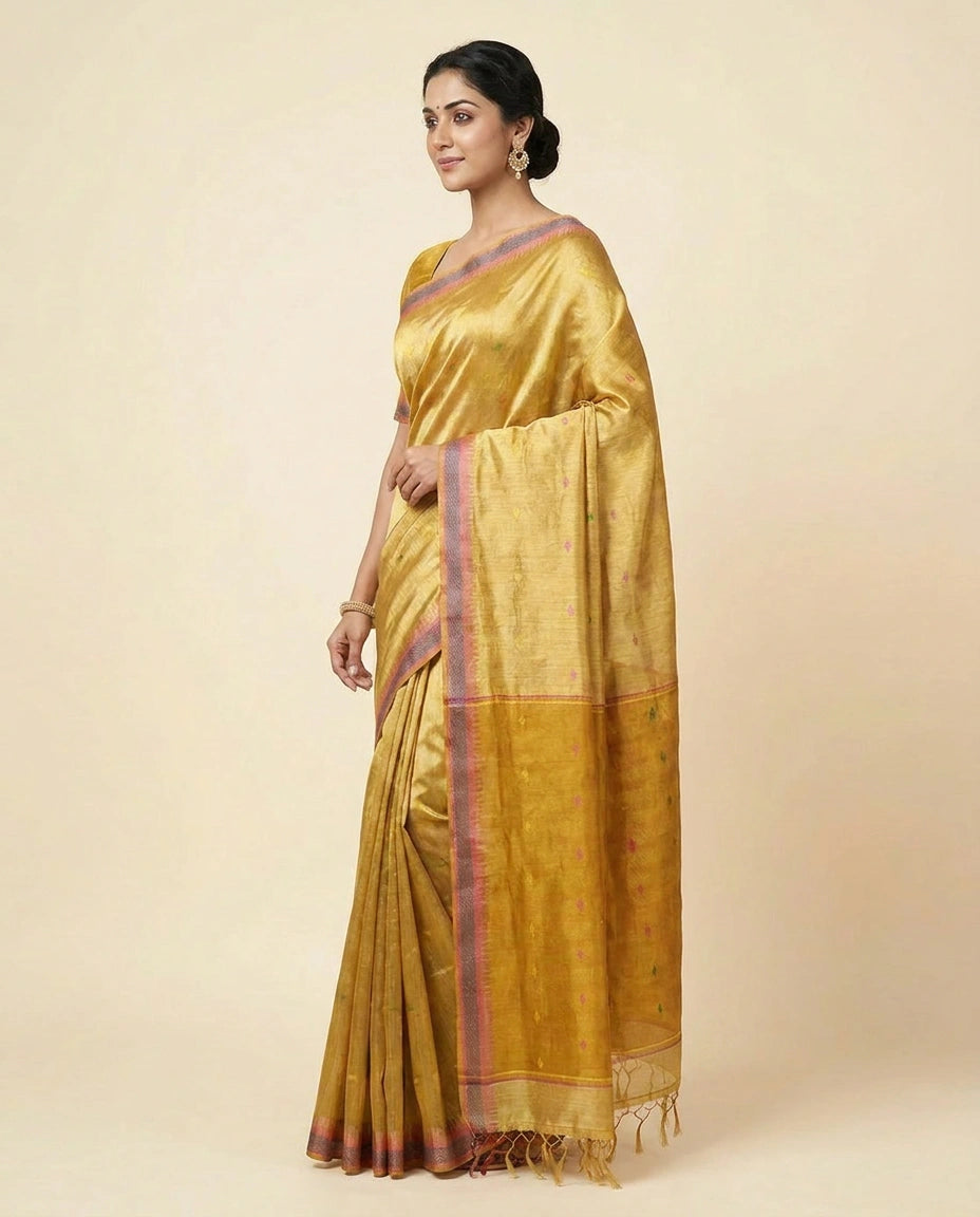 Geometric Handloom Tussar Silk Chapa Weave Saree with Woven Motifs - Rangoli India