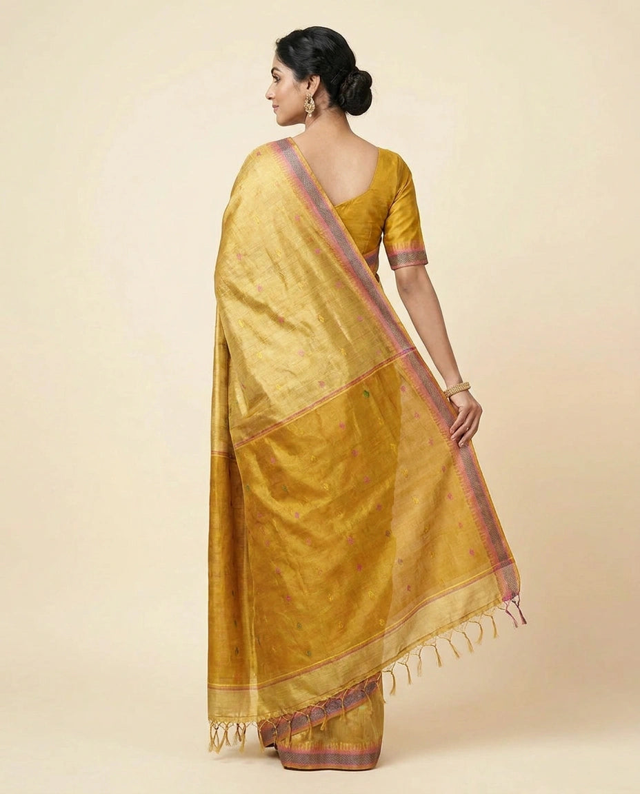Geometric Handloom Tussar Silk Chapa Weave Saree with Woven Motifs - Rangoli India