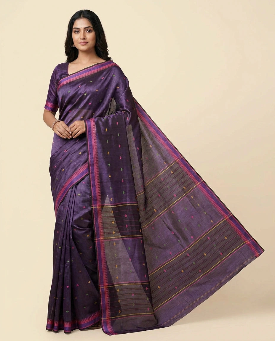 Geometric Handloom Tussar Silk Chapa Weave Saree with Woven Motifs - Rangoli India
