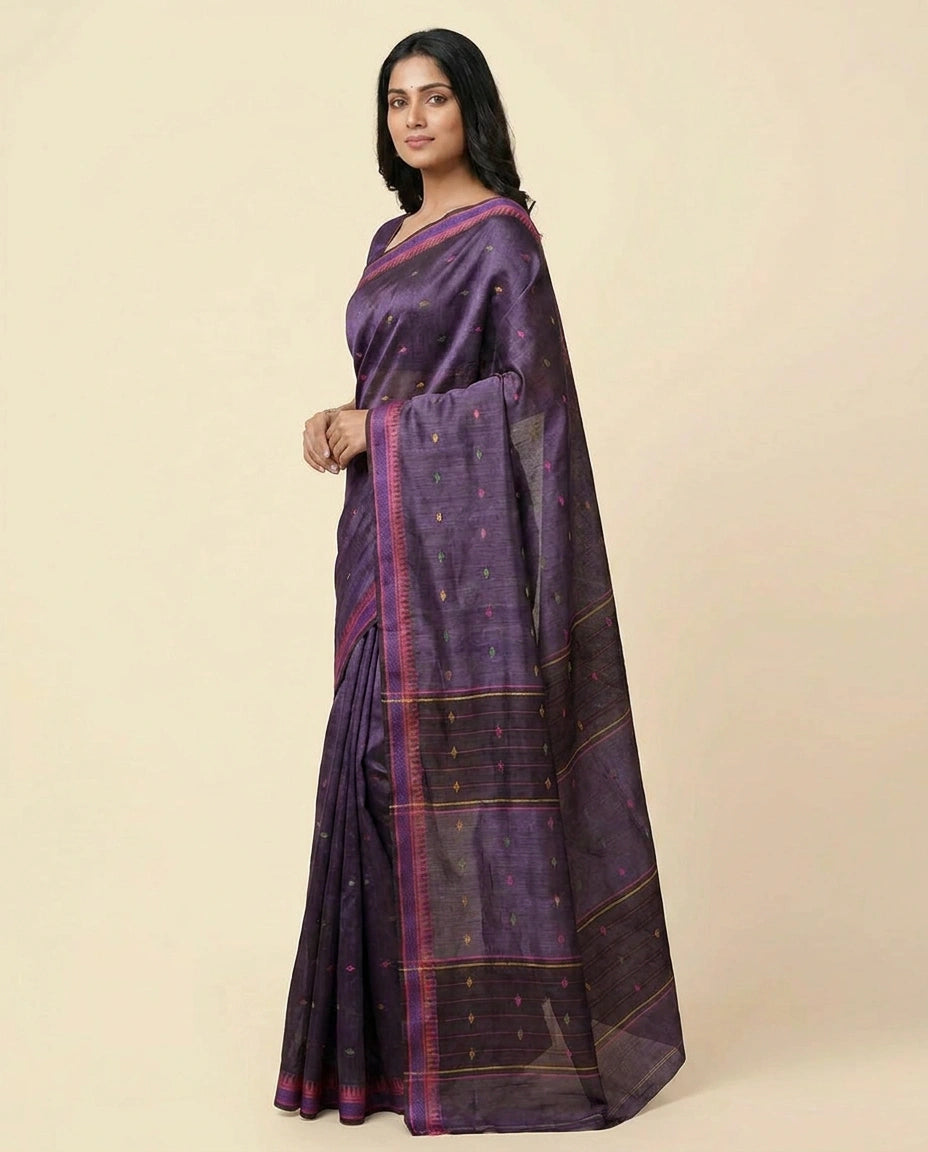 Geometric Handloom Tussar Silk Chapa Weave Saree with Woven Motifs - Rangoli India