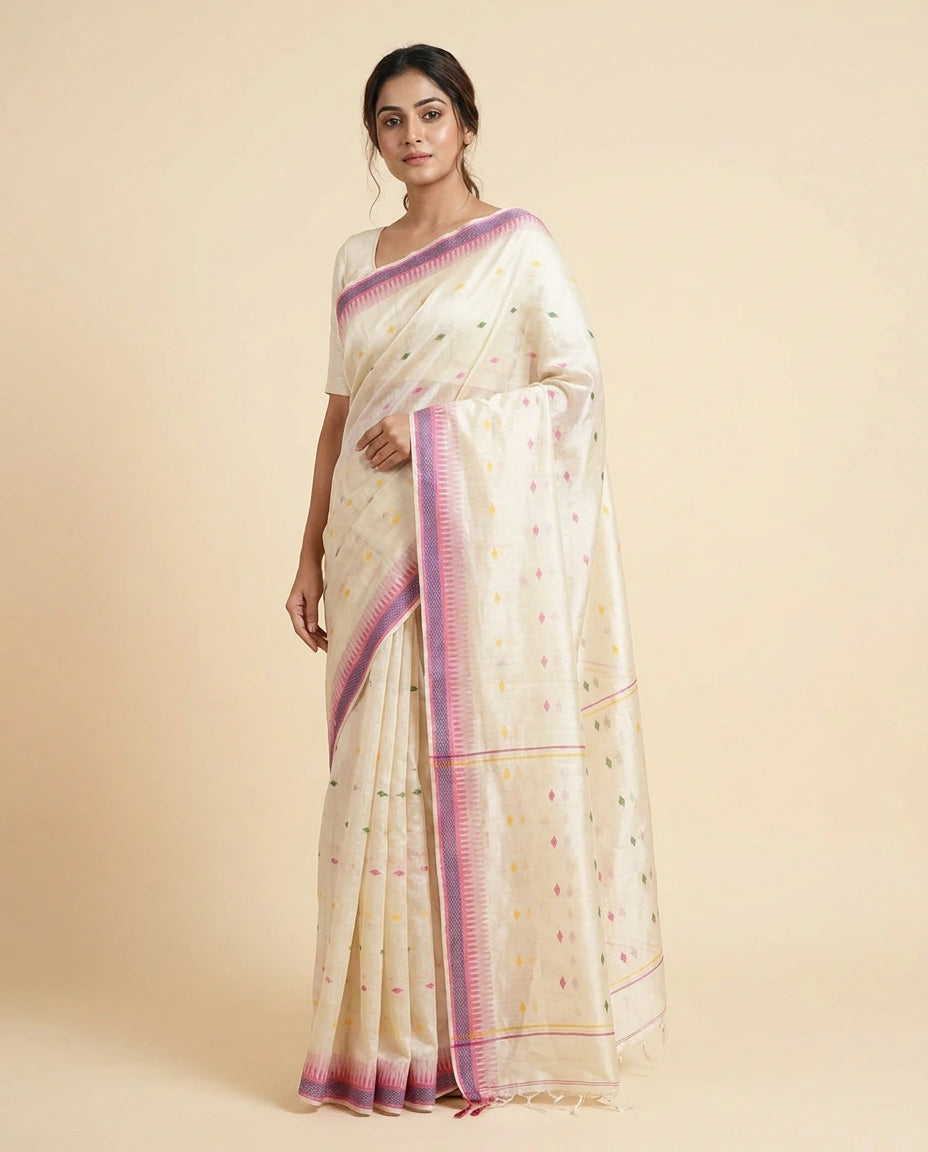 Woman wearing a white saree with purple and pink border on a beige background