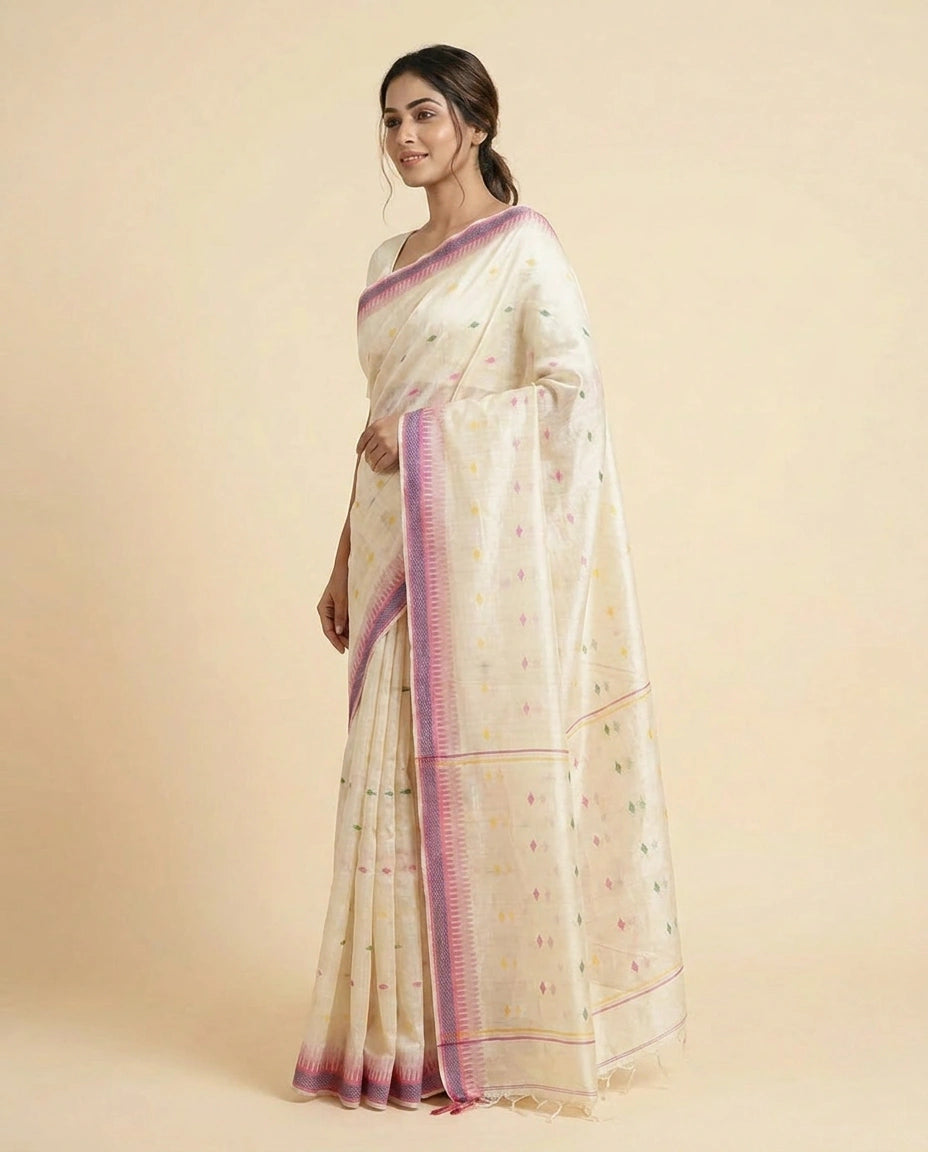 Woman wearing a white saree with purple border on a beige background