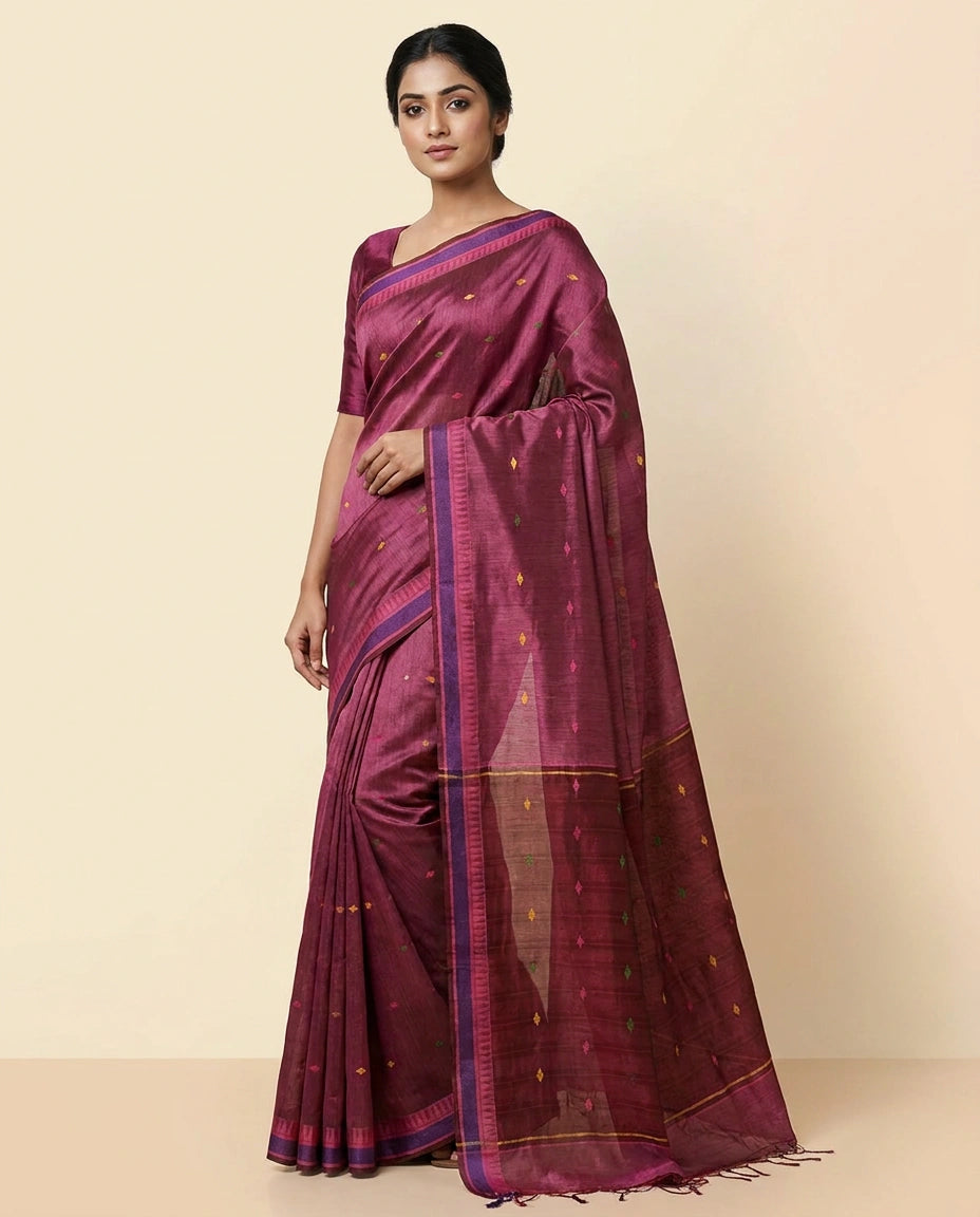 Off White Handloom Tussar Silk Chapa Weave Saree with Woven Motifs