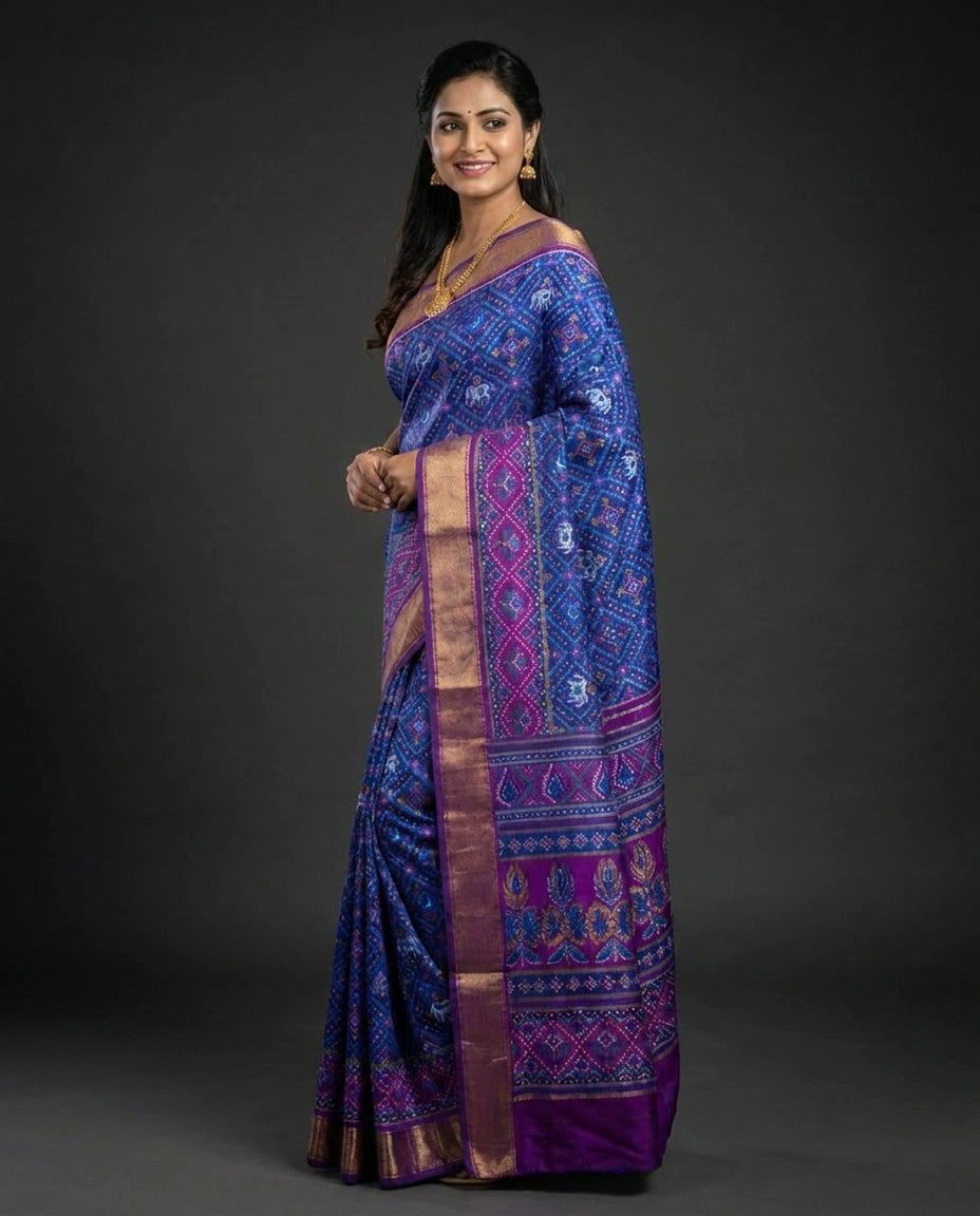 Silk Katan Printed Saree with Woven Border - Rangoli India