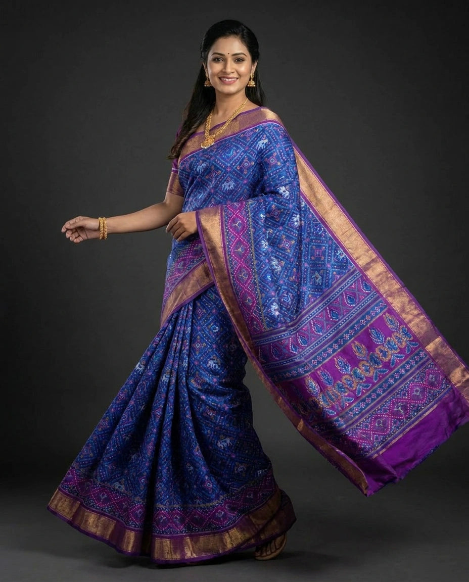 Silk Katan Printed Saree with Woven Border - Rangoli India