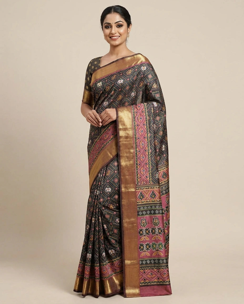 Silk Katan Printed Saree with Multicolour Floral Motifs - Rangoli India