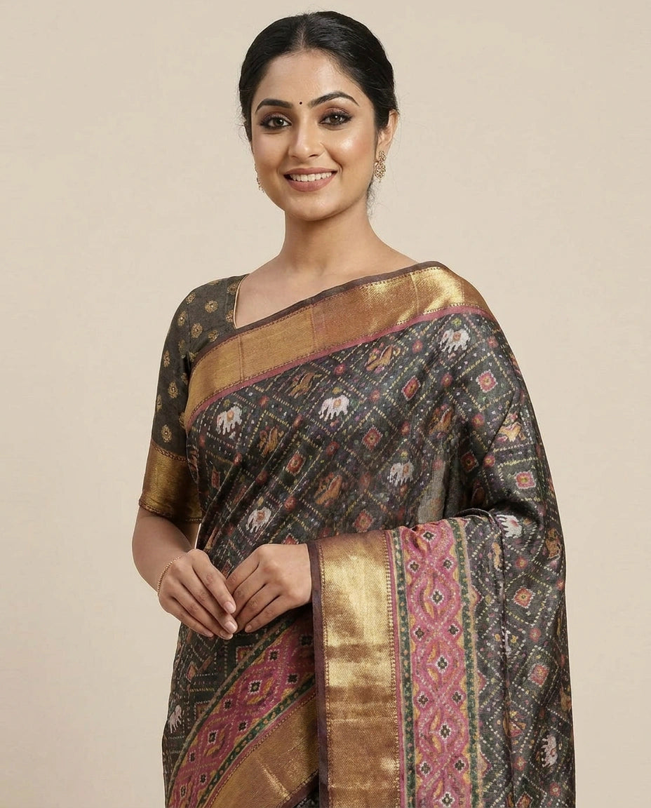 Silk Katan Printed Saree with Multicolour Floral Motifs - Rangoli India