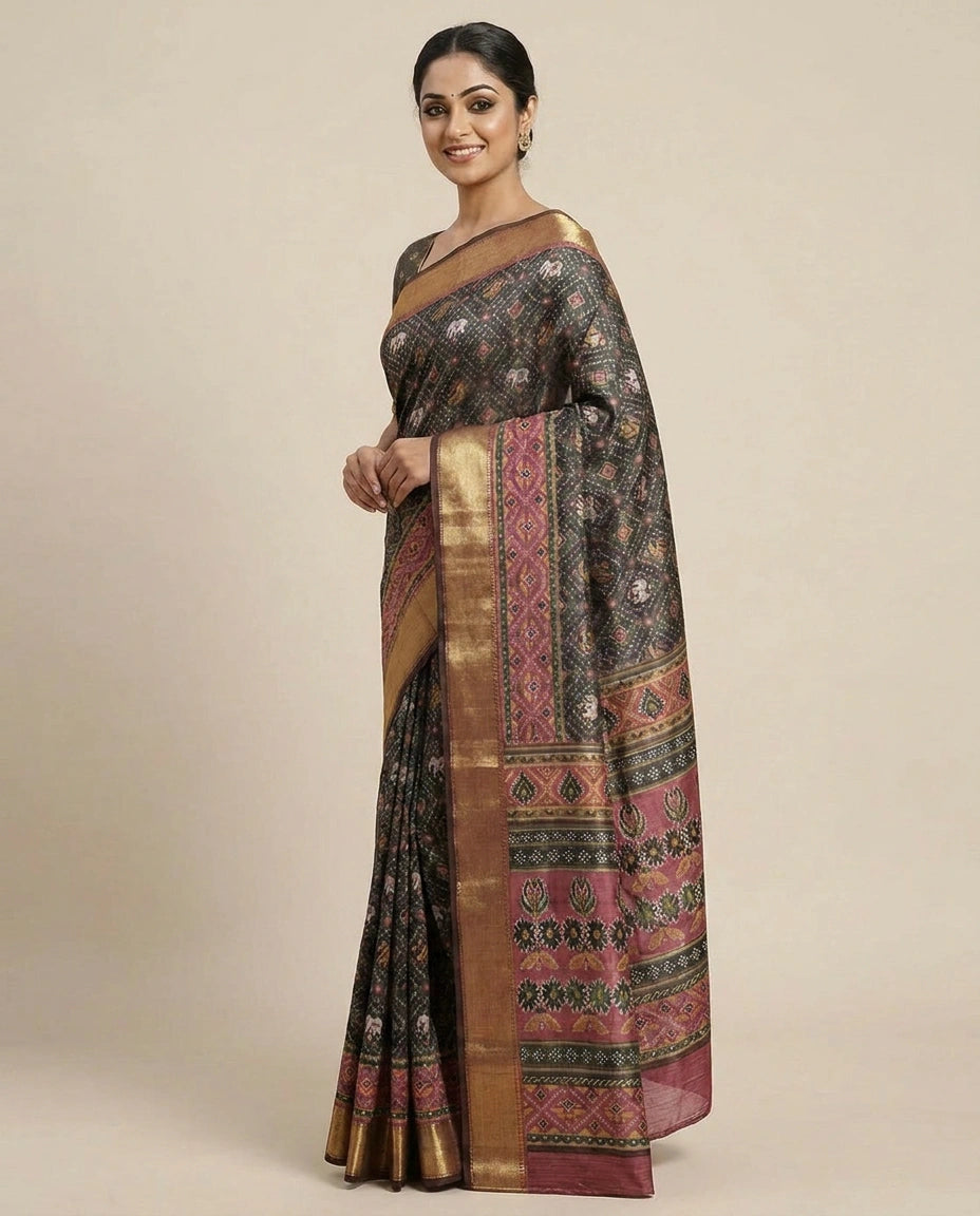 Silk Katan Printed Saree with Multicolour Floral Motifs - Rangoli India