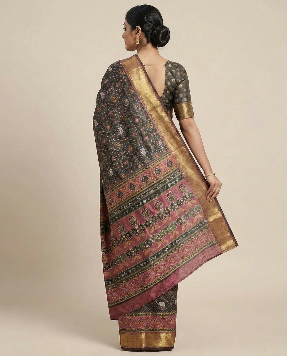 Silk Katan Printed Saree with Multicolour Floral Motifs - Rangoli India
