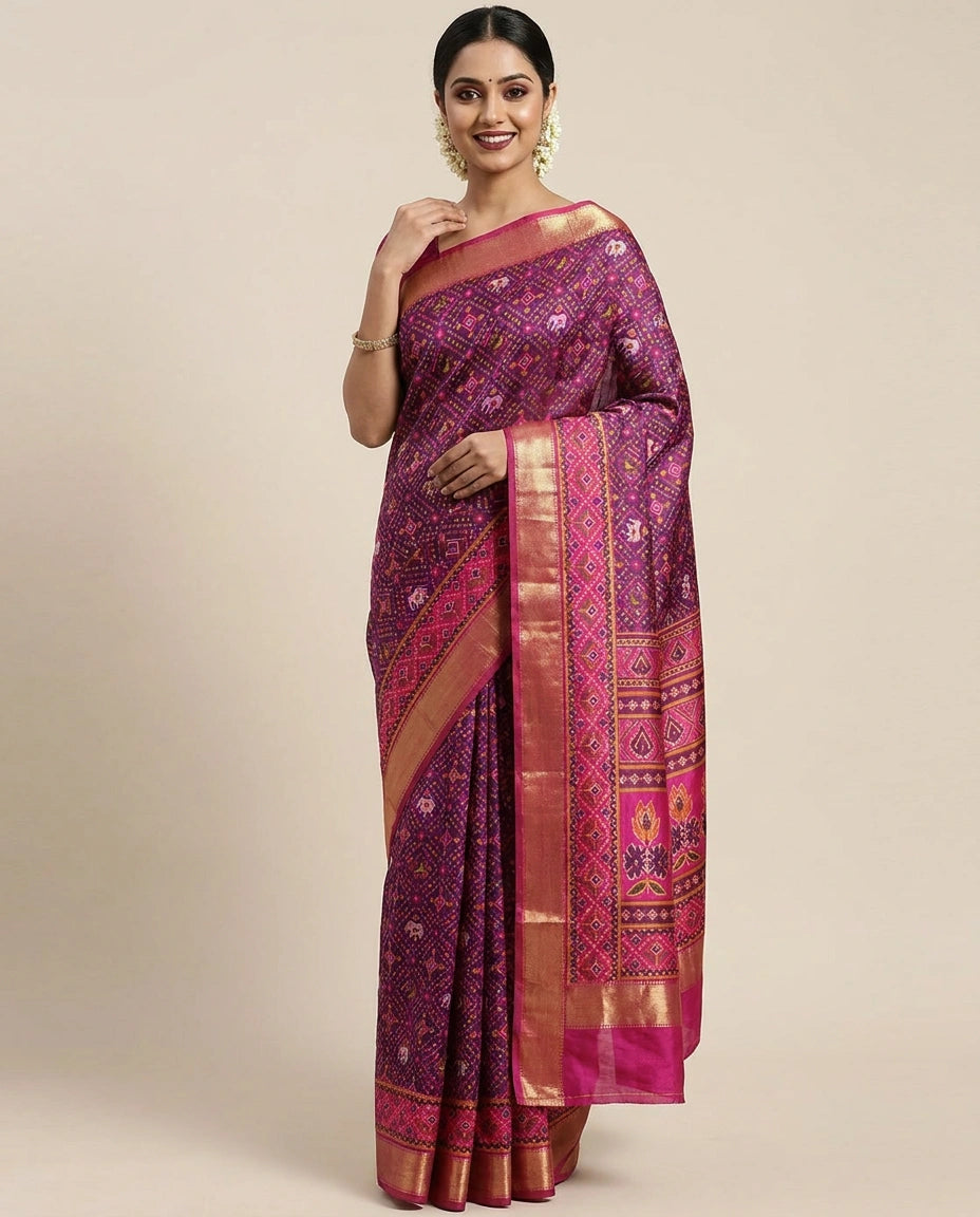 Silk Katan Printed Saree with Multicolour Floral Motifs - Rangoli India