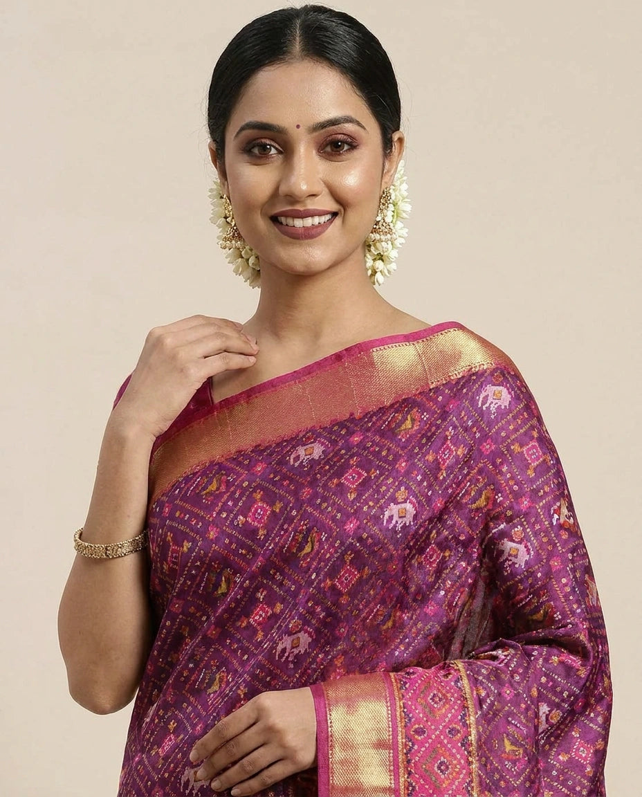 Silk Katan Printed Saree with Multicolour Floral Motifs - Rangoli India