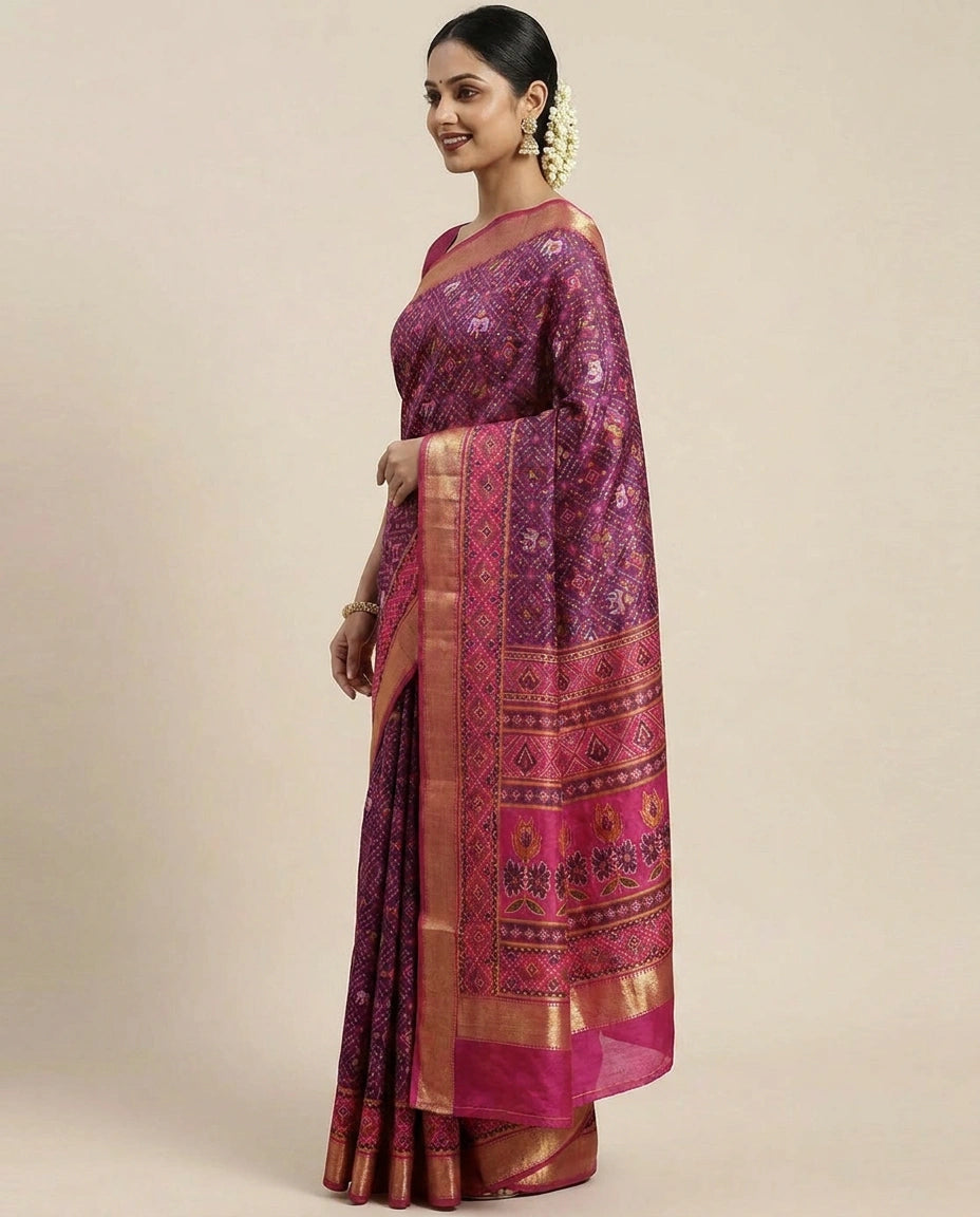 Silk Katan Printed Saree with Multicolour Floral Motifs - Rangoli India