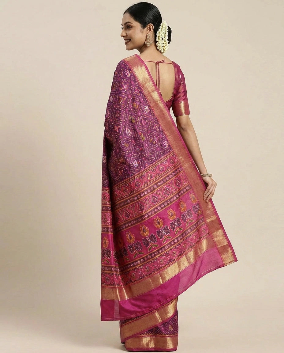 Silk Katan Printed Saree with Multicolour Floral Motifs - Rangoli India