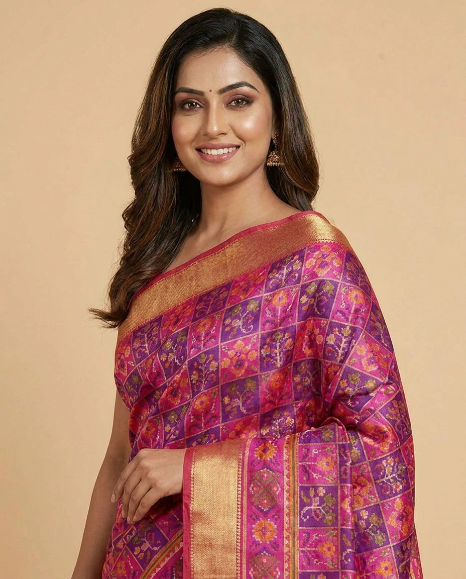 Silk Katan Printed Saree with Vibrant Floral Border - Rangoli India