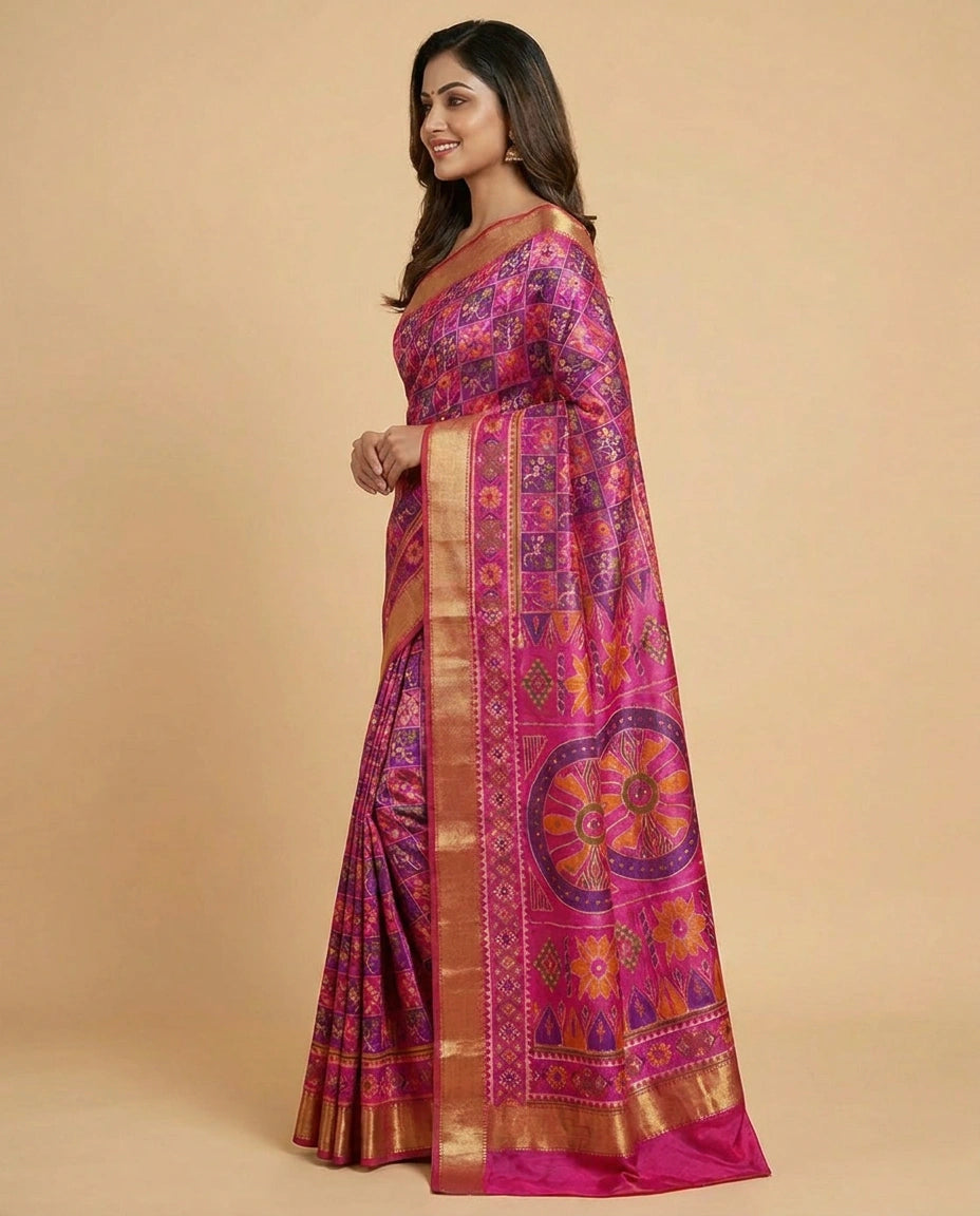 Silk Katan Printed Saree with Vibrant Floral Border - Rangoli India