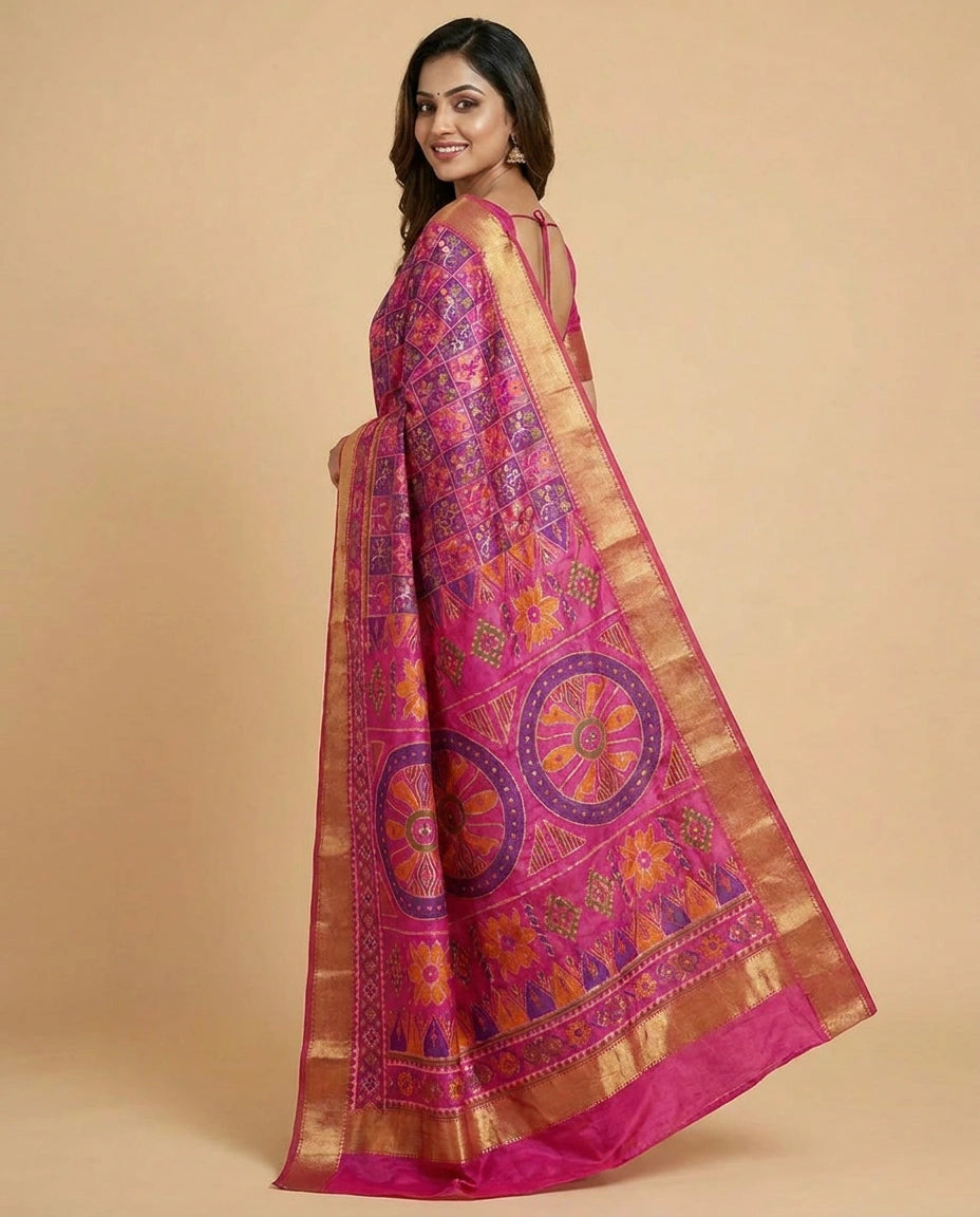 Silk Katan Printed Saree with Vibrant Floral Border - Rangoli India
