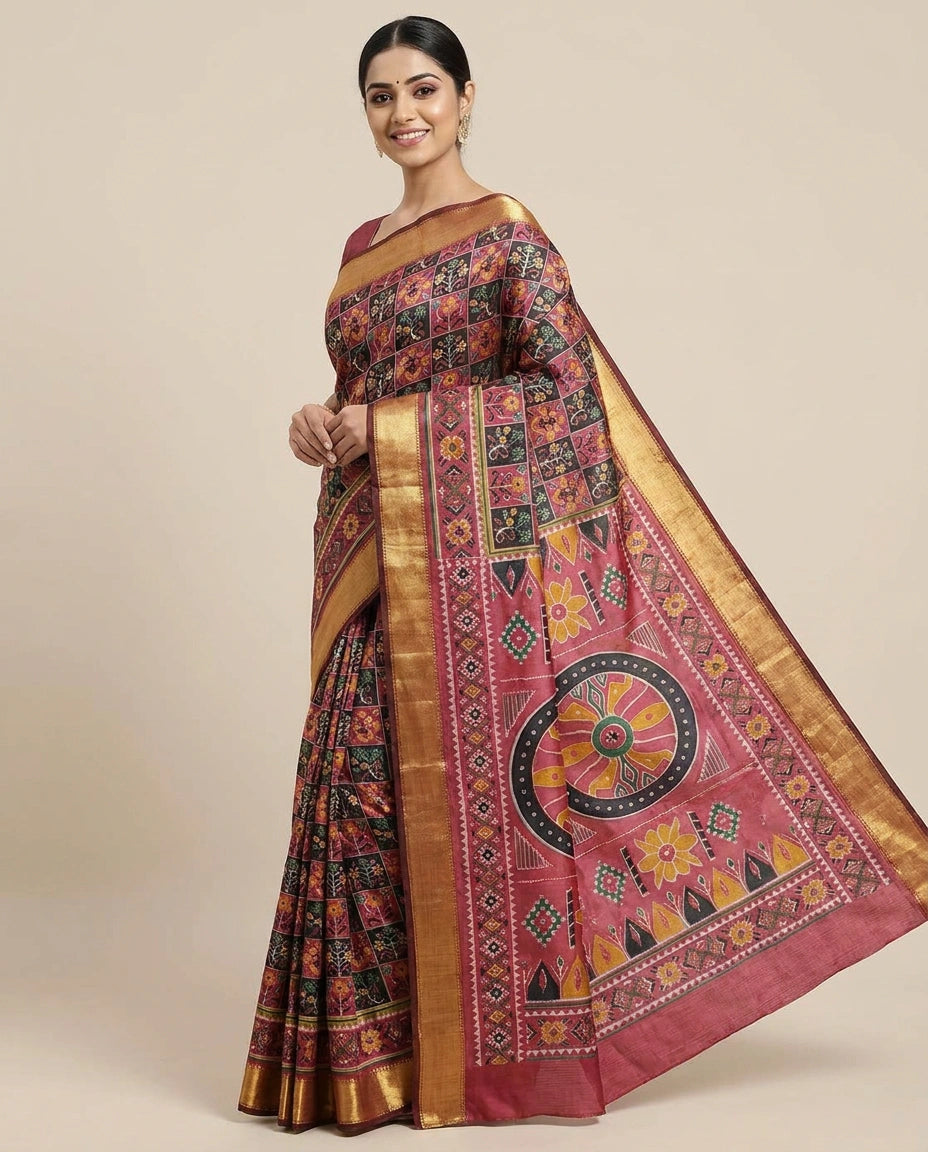 Silk Katan Printed Saree with Vibrant Floral Border - Rangoli India