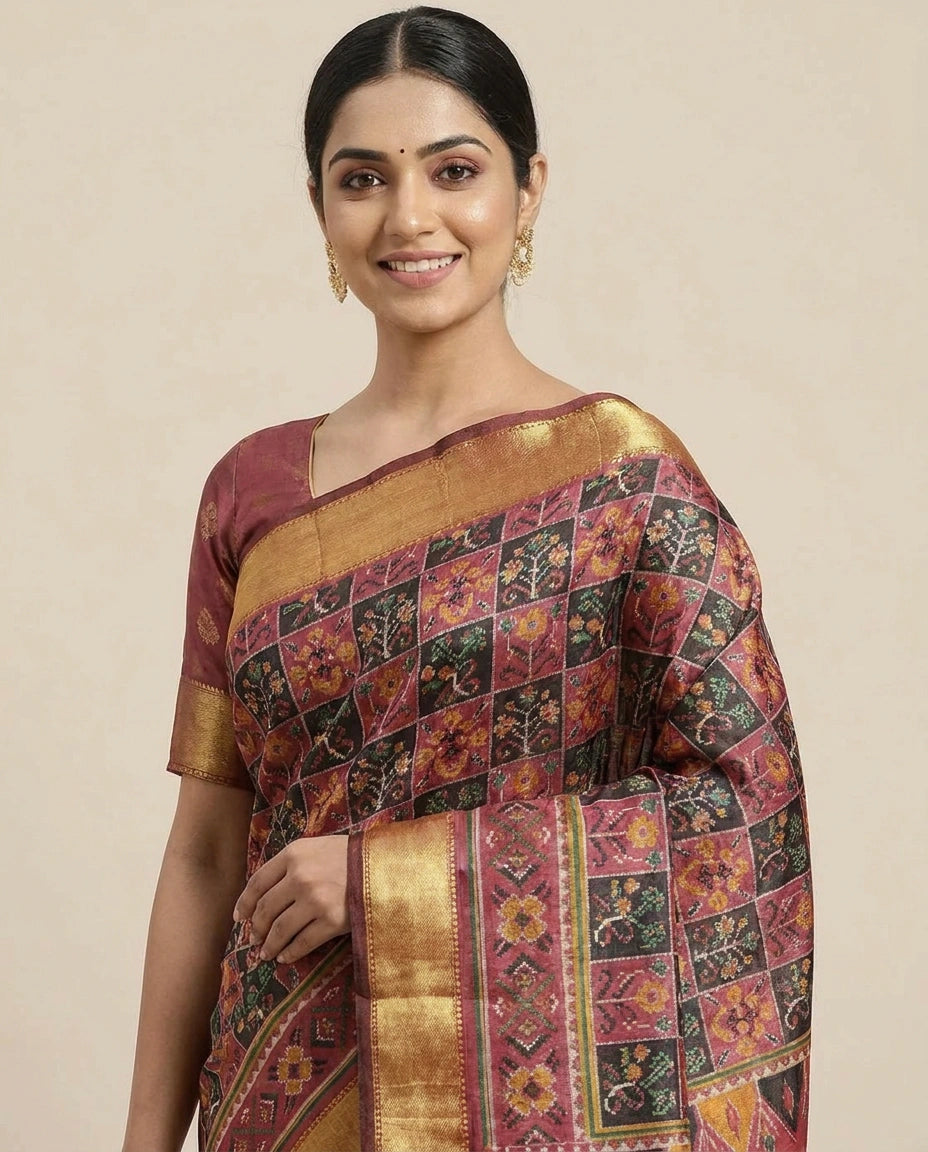 Silk Katan Printed Saree with Vibrant Floral Border - Rangoli India