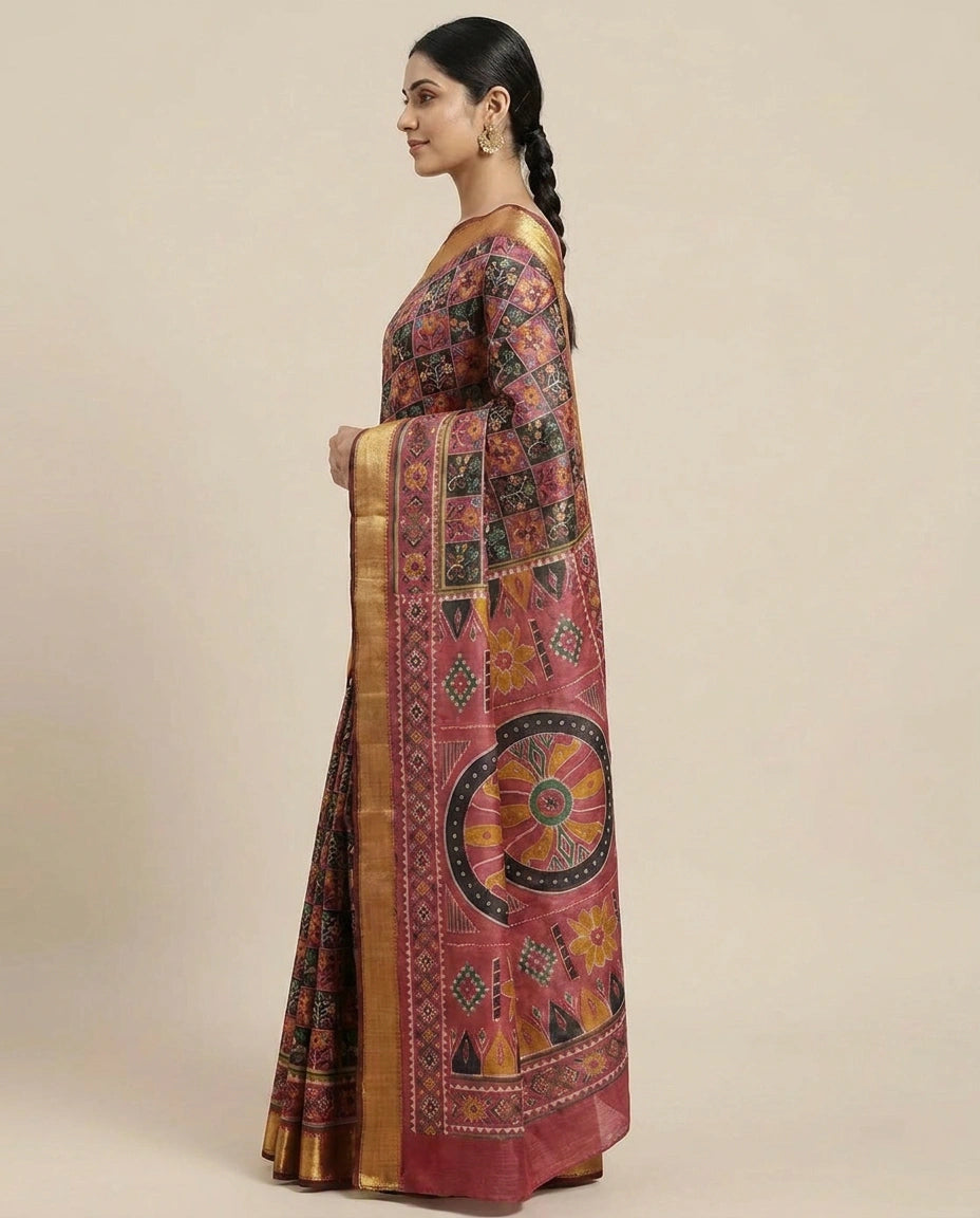 Silk Katan Printed Saree with Vibrant Floral Border - Rangoli India