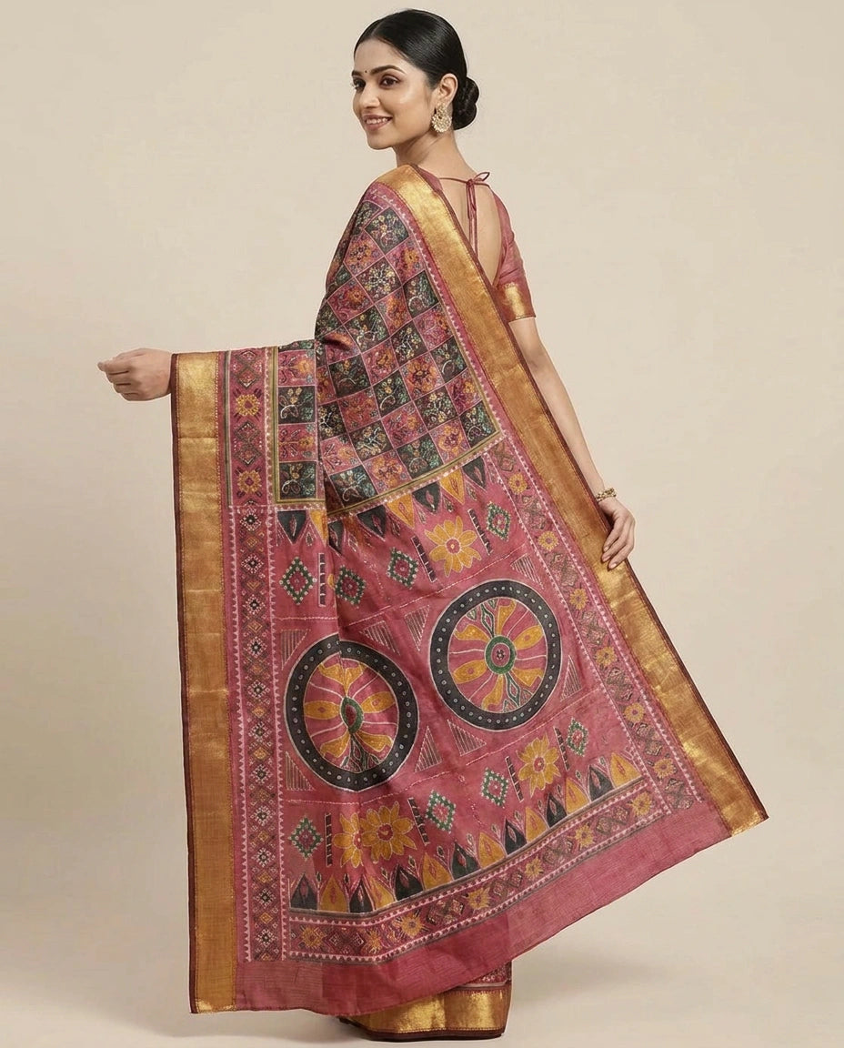 Silk Katan Printed Saree with Vibrant Floral Border - Rangoli India