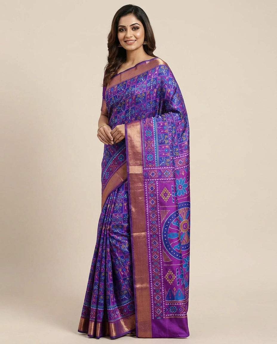 Silk Katan Printed Saree with Vibrant Floral Border - Rangoli India