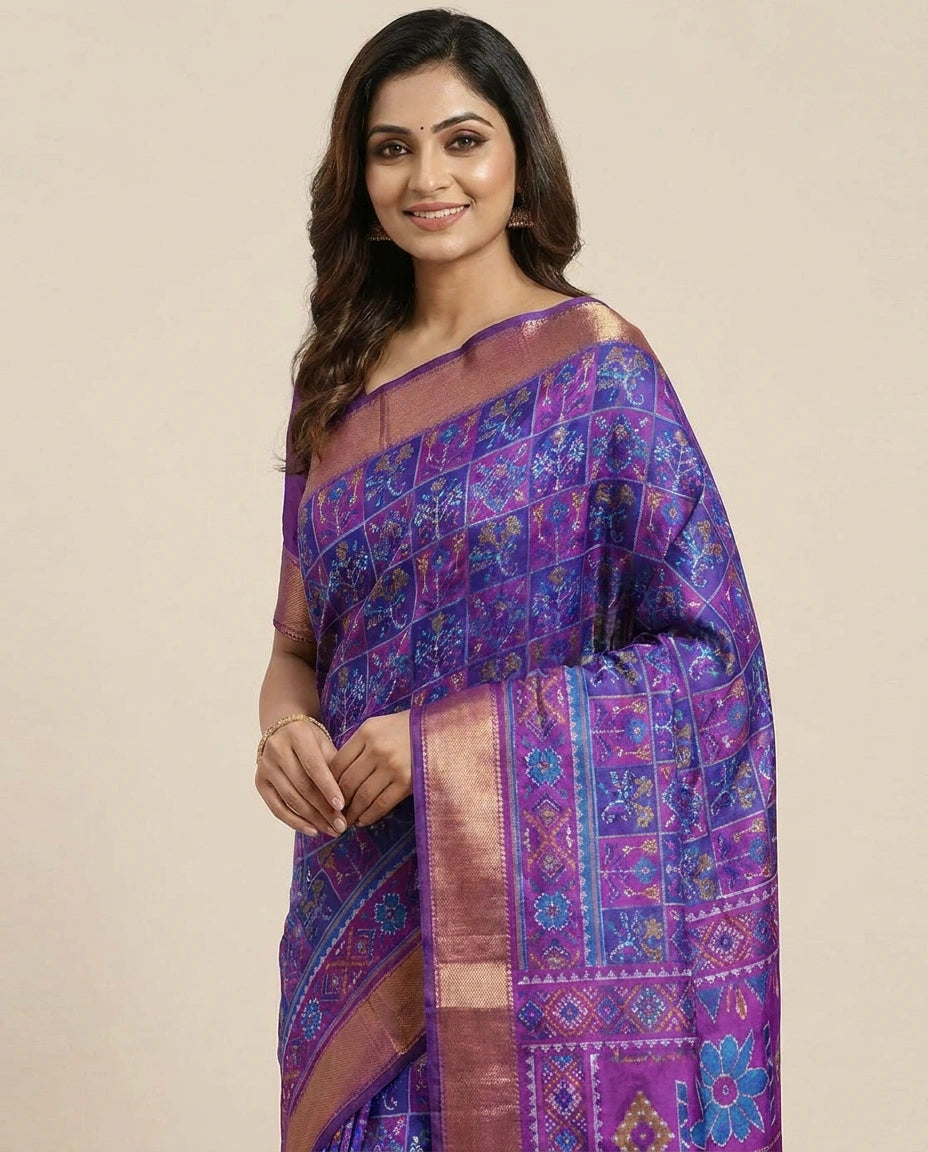 Silk Katan Printed Saree with Vibrant Floral Border - Rangoli India