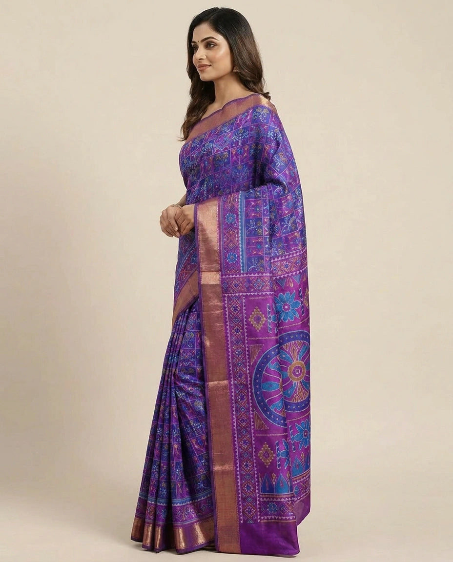 Silk Katan Printed Saree with Vibrant Floral Border - Rangoli India