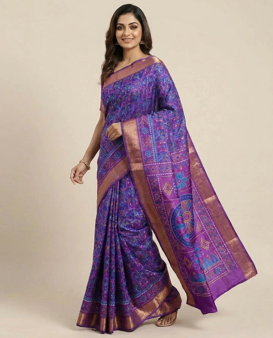 Silk Katan Printed Saree with Vibrant Floral Border - Rangoli India