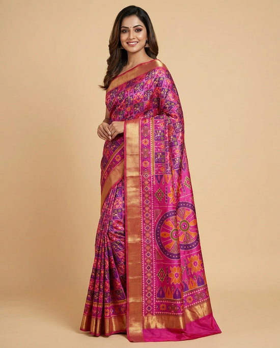 Silk Katan Printed Saree with Vibrant Floral Border - Rangoli India