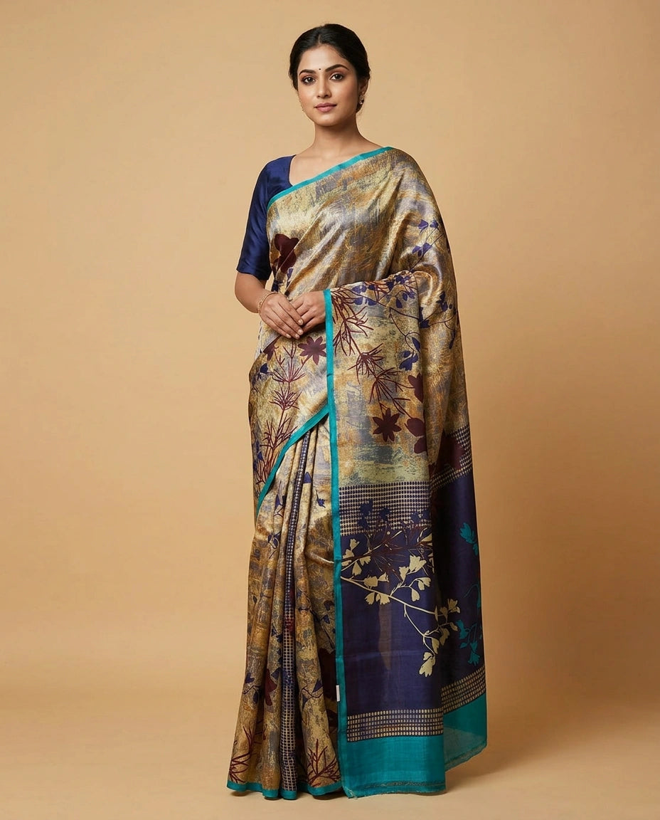 Pista Green Tussar Silk Saree with Fine Digital Print Floral Pattern