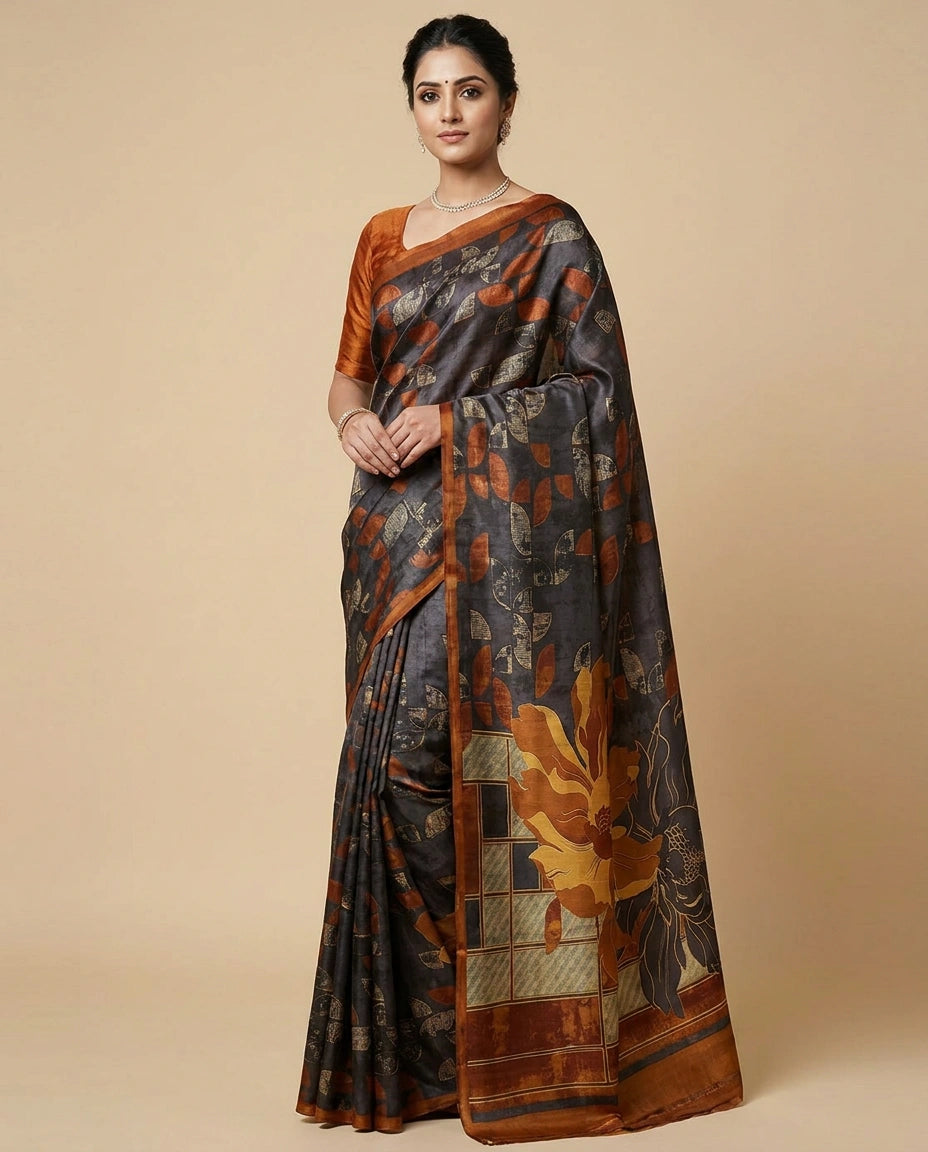 Mehandi Tussar Silk Lightweight Saree with Digital Print Design