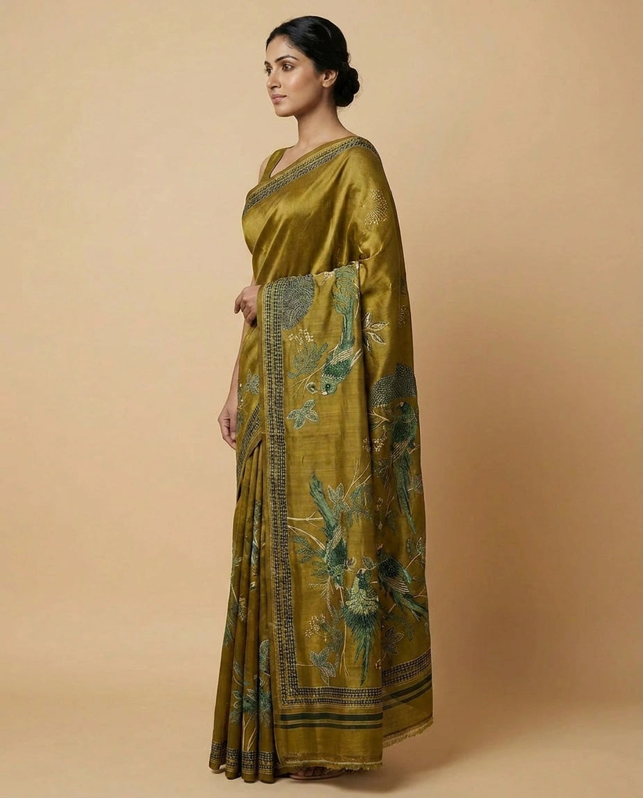 Pure Tussar Silk Saree with Hand-Drawn Style Print Work view 2