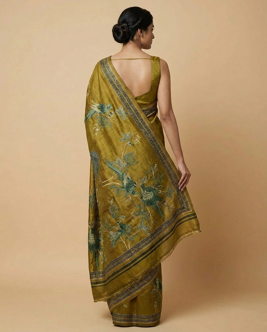 Pure Tussar Silk Saree with Hand-Drawn Style Print Work view 3