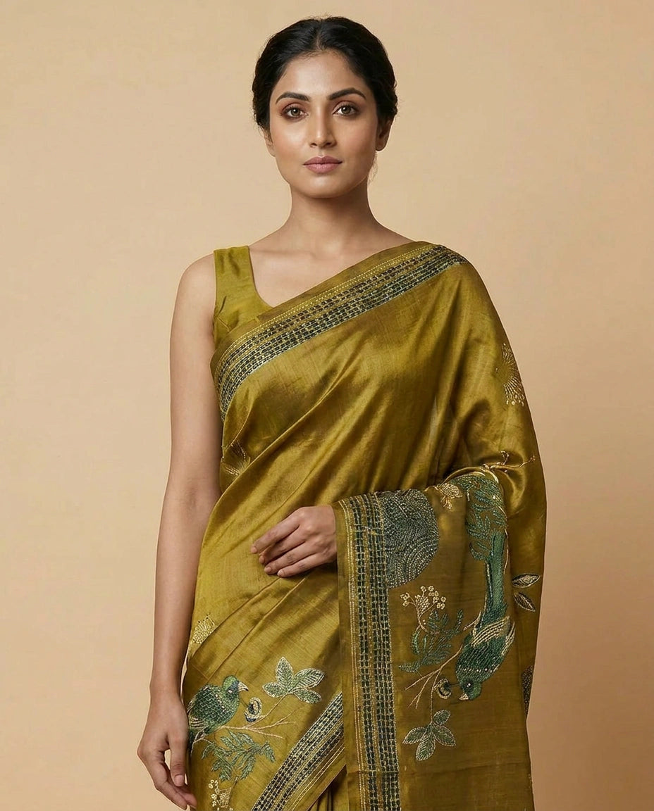 Pure Tussar Silk Saree with Hand-Drawn Style Print Work view 4