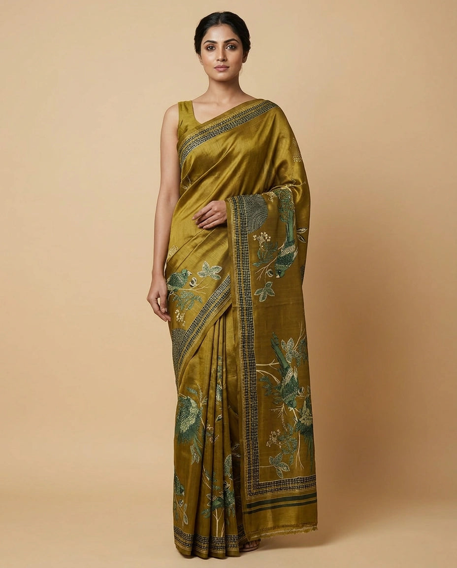 Brown Pure Tussar Silk Saree with Hand-Drawn Style Print Work