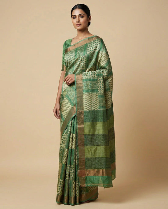 Green Tussar Silk Saree with Multicolour Digital Floral Print