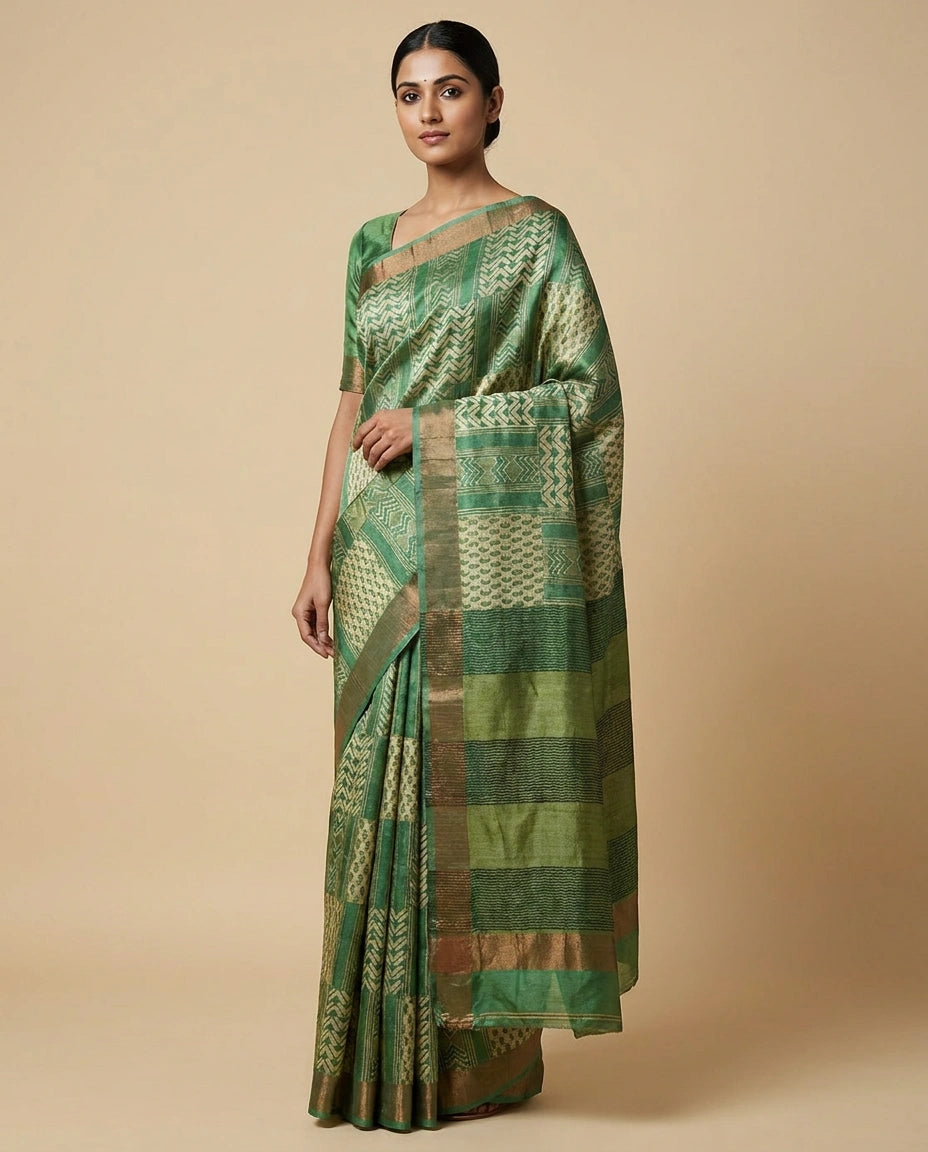 Green Tussar Silk Saree with Multicolour Digital Floral Print
