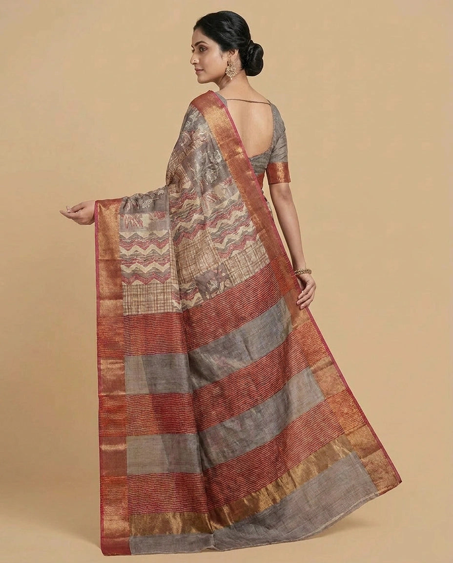 Tussar Silk Saree with Ethnic Block-Style Digital Print view 2
