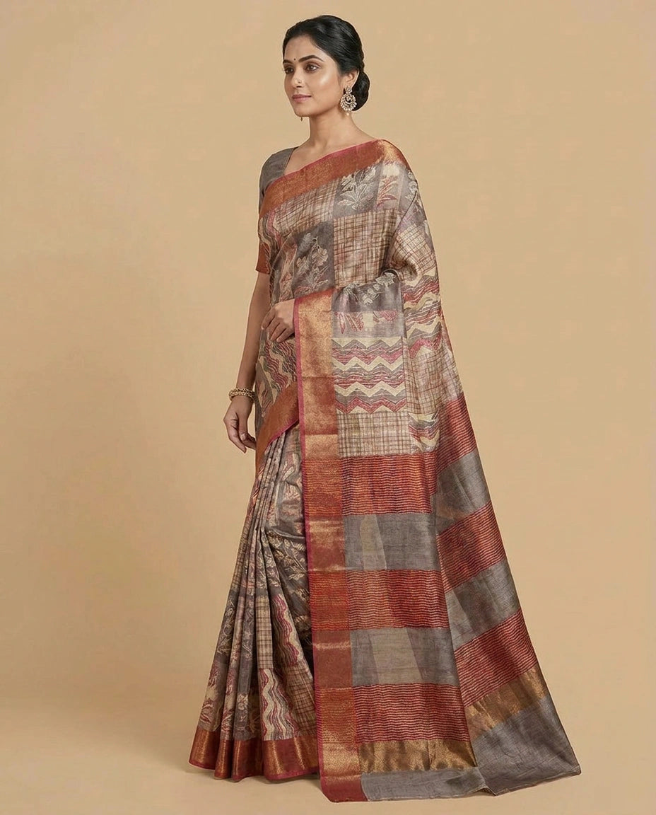Tussar Silk Saree with Ethnic Block-Style Digital Print view 3